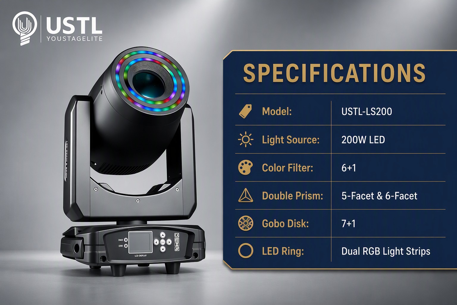 200W LED Spot Moving Head Light technical specifications and feature callouts